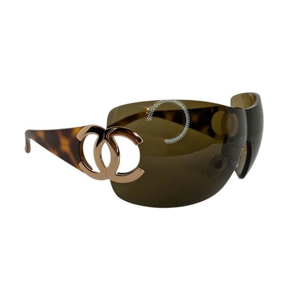 Chanel Tortoise Shell Shield CC Sunglasses Y2K Vintage Brown & Gold 4124 - Picture 1 of 9